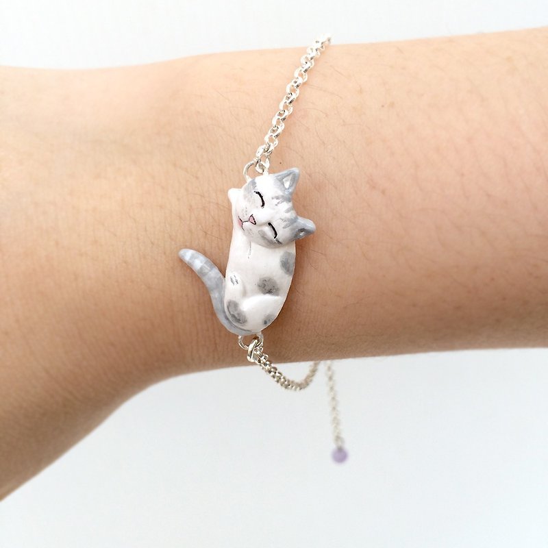 Tabby cat Bracelet, cat lover gifts - 手链/手环 - 粘土 灰色