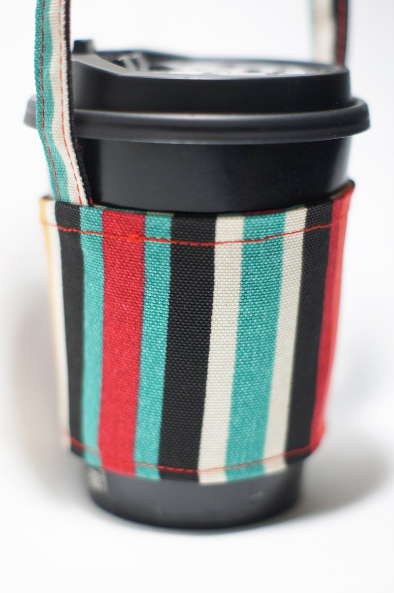 【AnnaNina】环保 杯套 杯袋 提袋 饮料 可收纳 红蓝绿条纹 - 随行杯提袋/水壶袋 - 棉．麻 