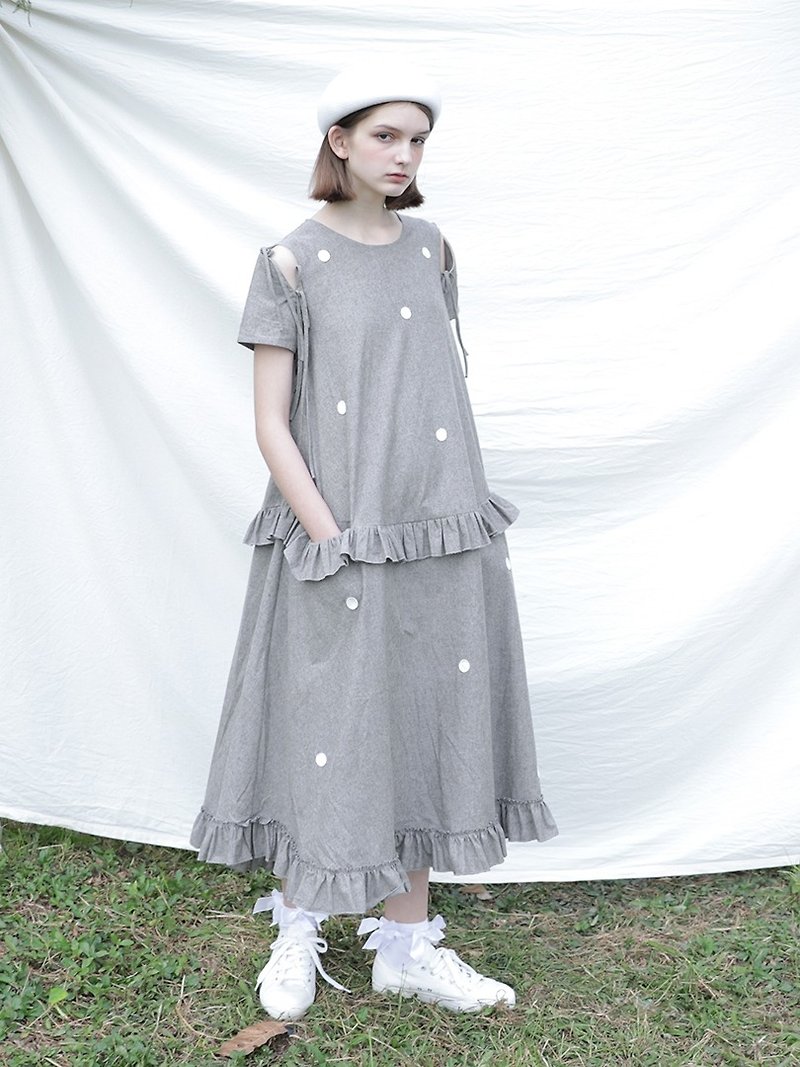 灰色点点香肩连身裙 - imakokoni - 洋装/连衣裙 - 棉．麻 灰色