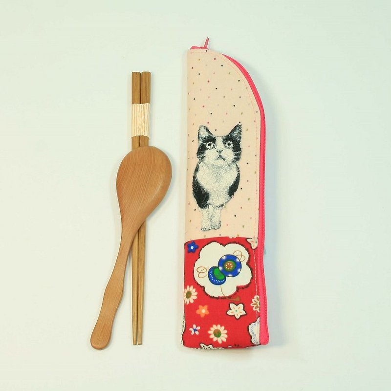 刺绣 筷袋08-猫 - 筷子/筷架 - 棉．麻 粉红色