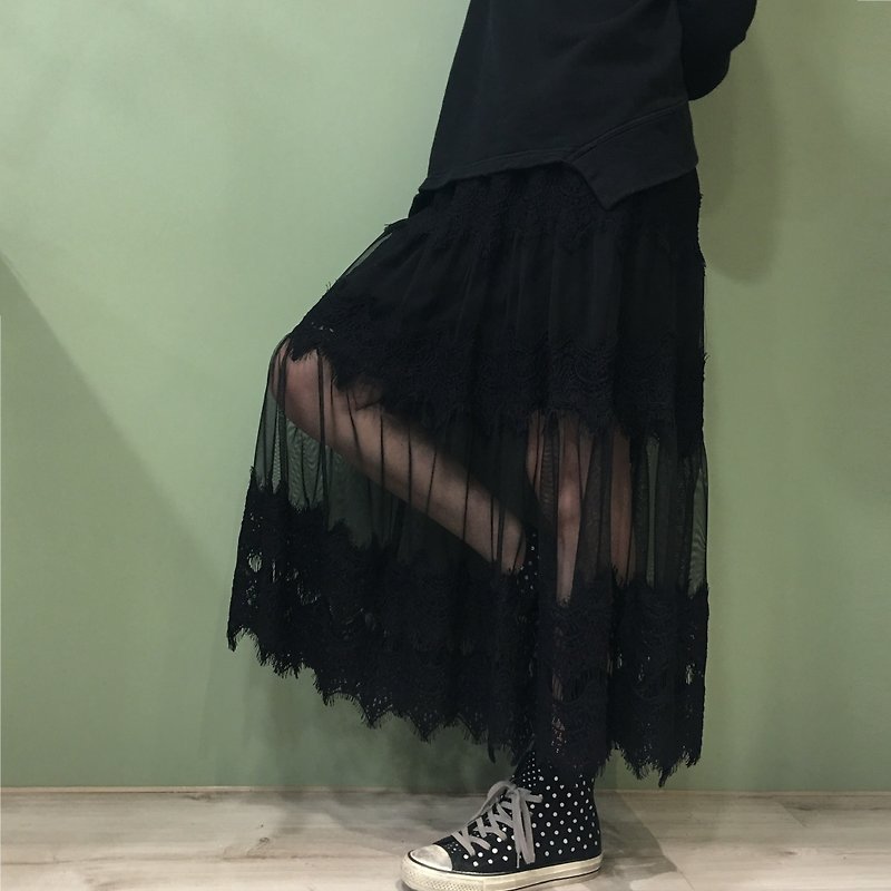 【skirt】个性蕾丝网纱长裙_黑- 订制款(可改腰宽/内外长度) - 裙子 - 聚酯纤维 黑色