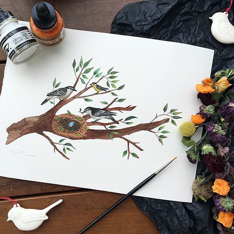 Bird Family 10x7 Watercolour Art Print - 海报/装饰画/版画 - 纸 