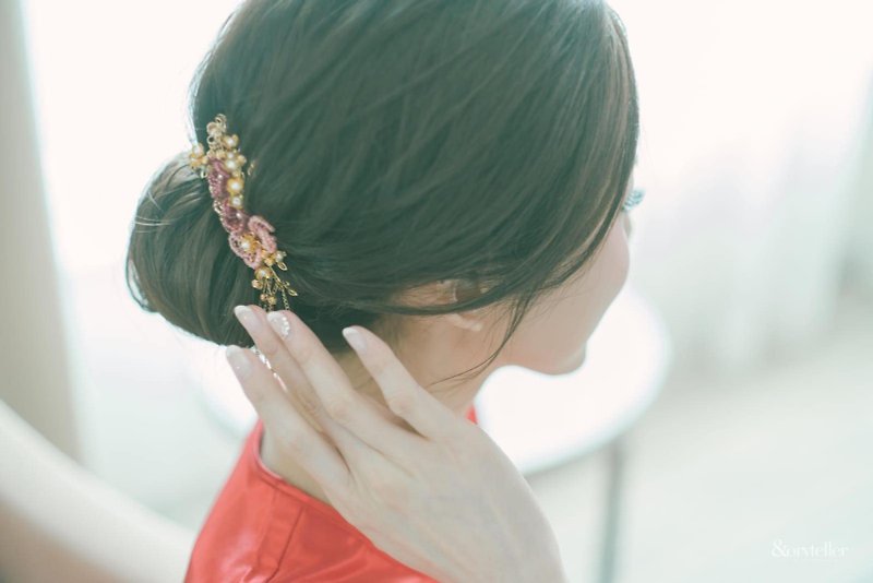 Bridal Headpiece 华丽新娘中式头饰 - 串珠花型款 (一套3件) - 发饰 - 玻璃 红色