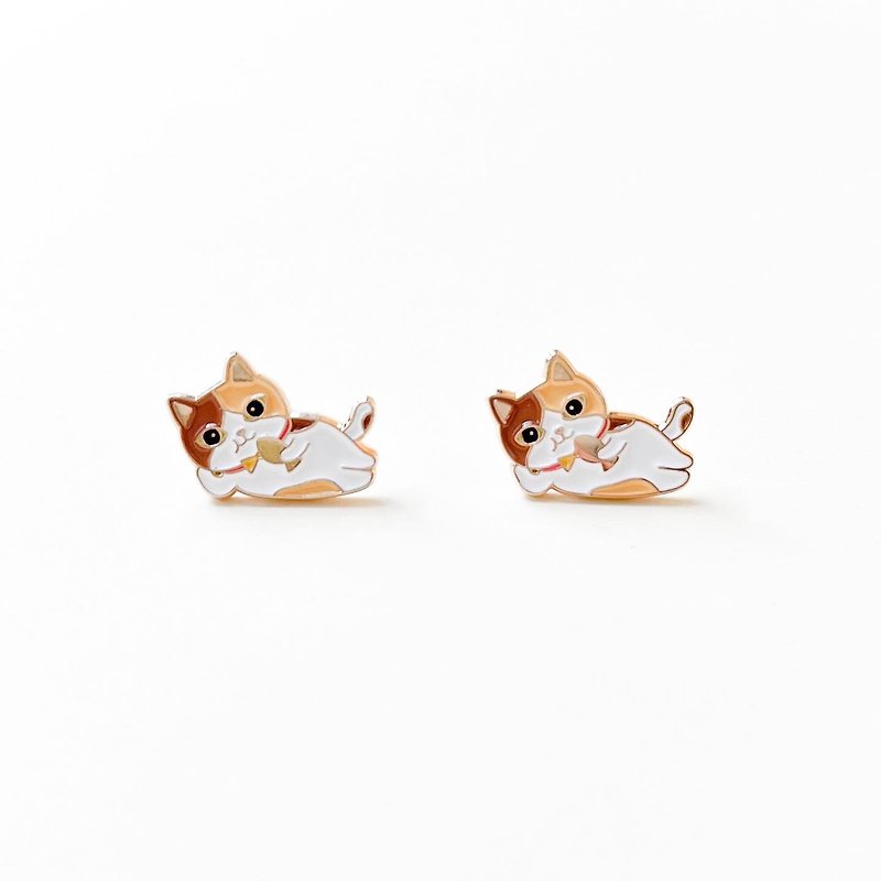 Meow休闲猫猫耳环 - 可转夹式 - 耳环/耳夹 - 珐琅 卡其色