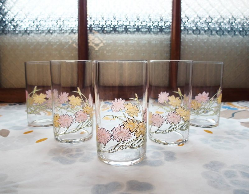 早期印花水杯-波斯菊 (餐具/旧货/老物/玻璃/图花/典雅) - 茶具/茶杯 - 玻璃 粉红色