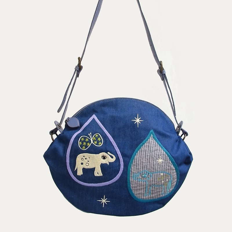 2匹の象刺繍・ショルダーバッグ - 侧背包/斜挎包 - 棉．麻 蓝色