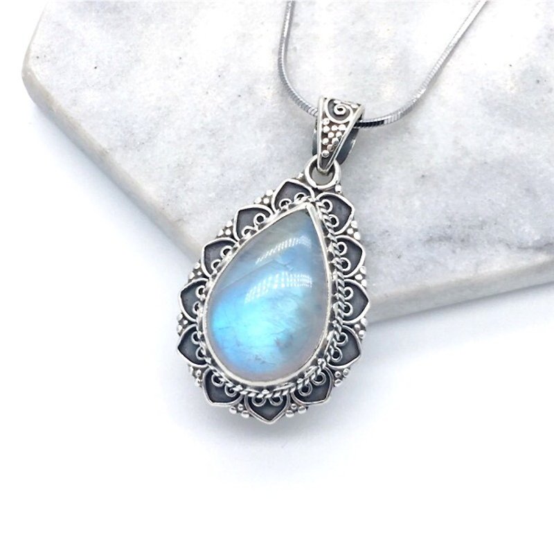 月光石925纯银水滴重工古典风格项链 尼泊尔手工镶嵌制作(款式2) - 项链 - 宝石 蓝色
