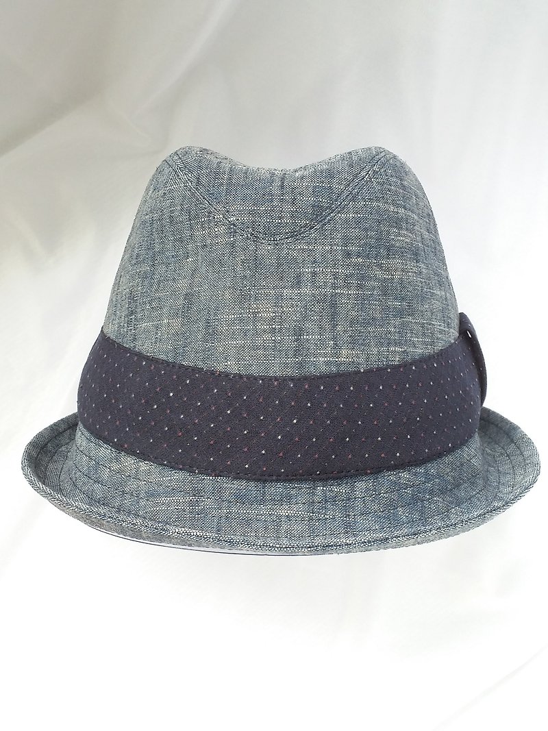 水洗牛仔蓝棉麻绅士帽(Fedora) - 帽子 - 棉．麻 蓝色