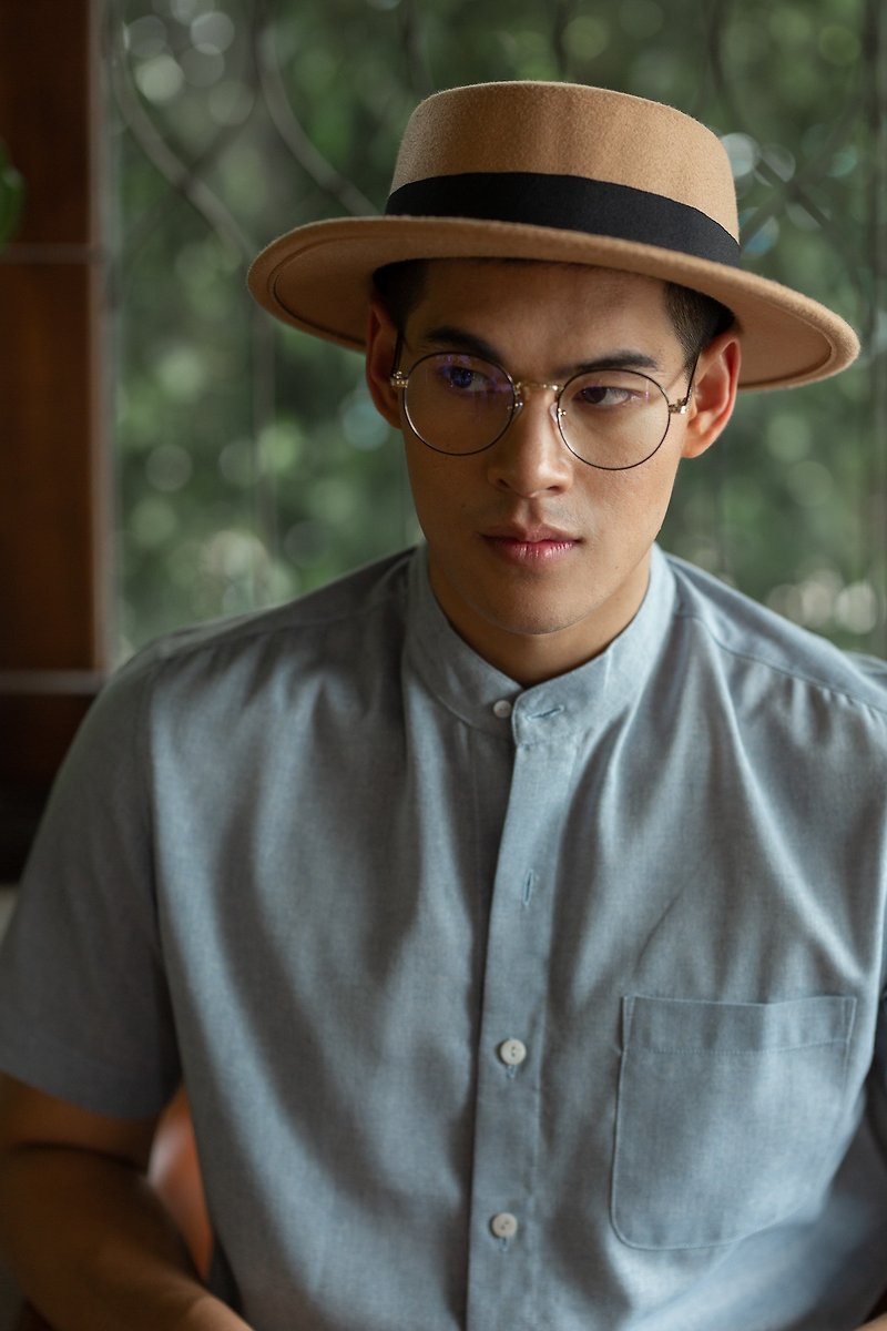 JUN Blended Linen Banded Collar Short Sleeve Shirt (Blue) - 男装衬衫 - 棉．麻 蓝色