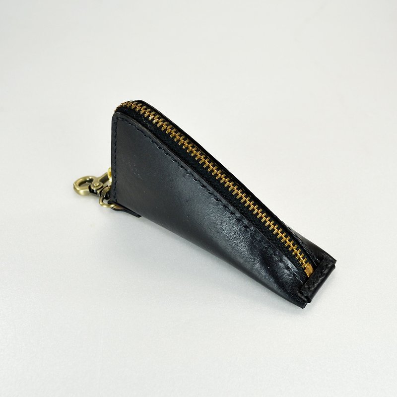 黑色植鞣革手缝随身零钱包 - 钥匙链/钥匙包 - 真皮 黑色