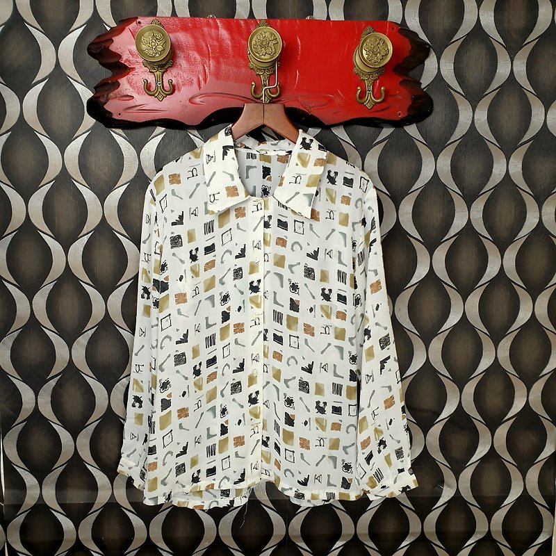 小龟葛葛-日本-排列有续抽象小物件古着衬衫 - 女装衬衫 - 其他人造纤维 