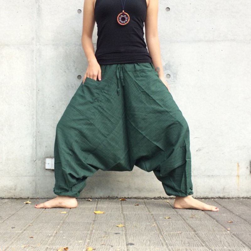 阿里巴巴褲 條紋(棉麻)(單口袋)(男褲女褲)(孔雀綠) - 女装长裤 - 纸 绿色