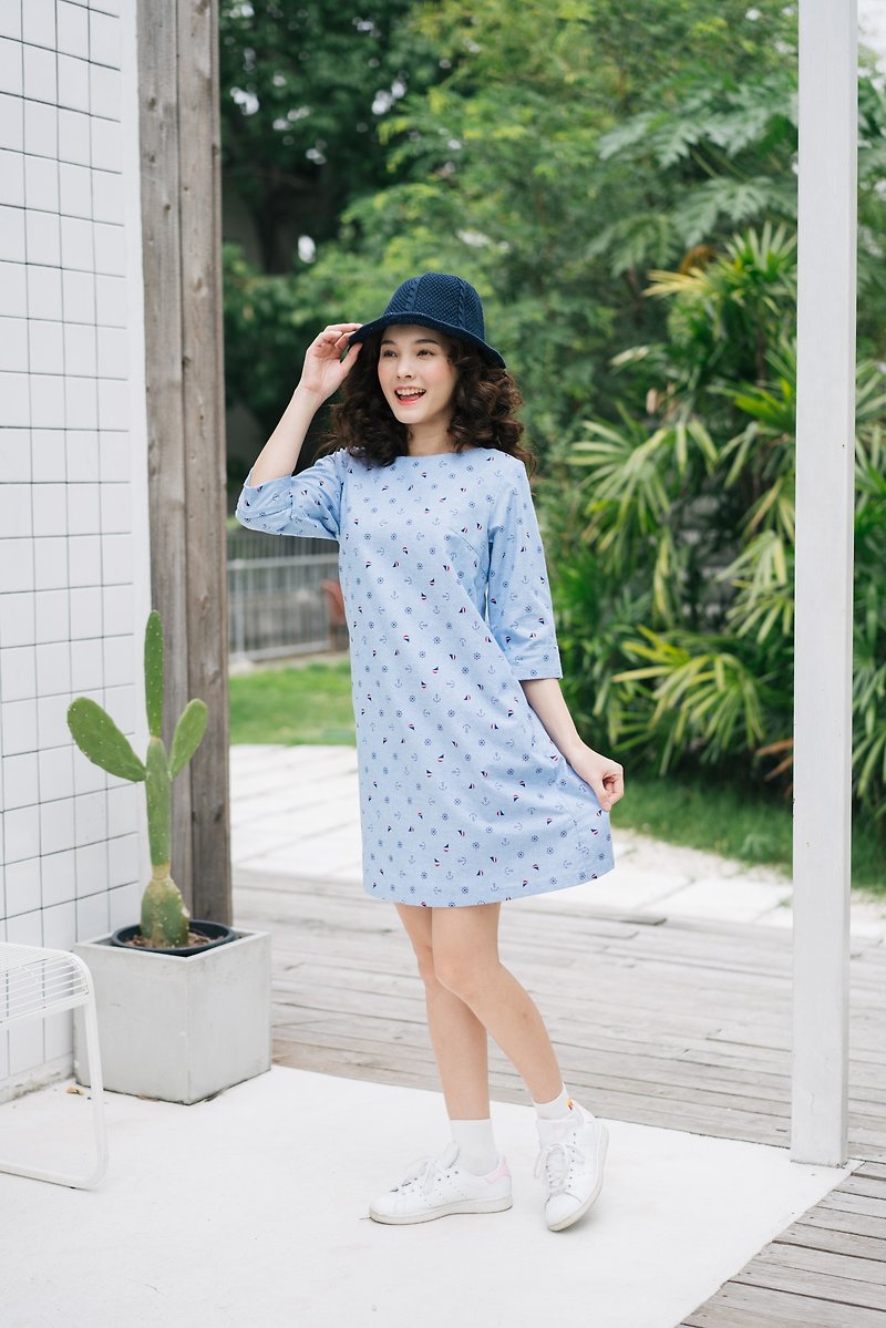Women A line Dress with sleeve pockets dress casual dress for summer and working - 洋装/连衣裙 - 棉．麻 蓝色
