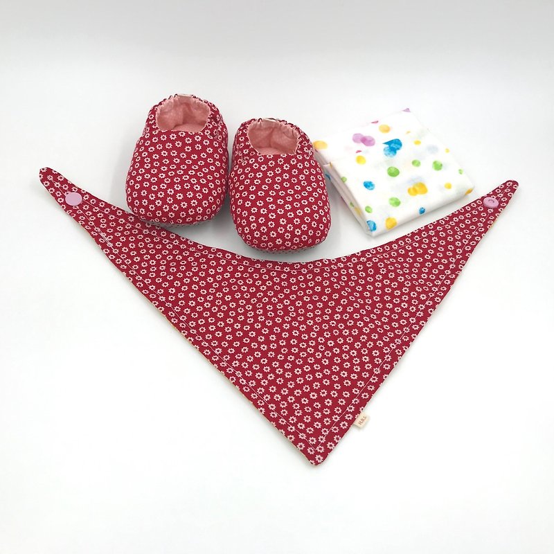 小红花-弥月宝宝礼盒(学步鞋/宝宝鞋/婴儿鞋+2手帕+领巾) - 满月礼盒 - 棉．麻 红色