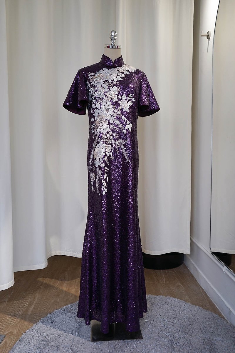 荷叶袖珠片蕾丝刺綉旗袍裙 | 晚装礼服 | 妈妈旗袍 - 旗袍 - 聚酯纤维 紫色