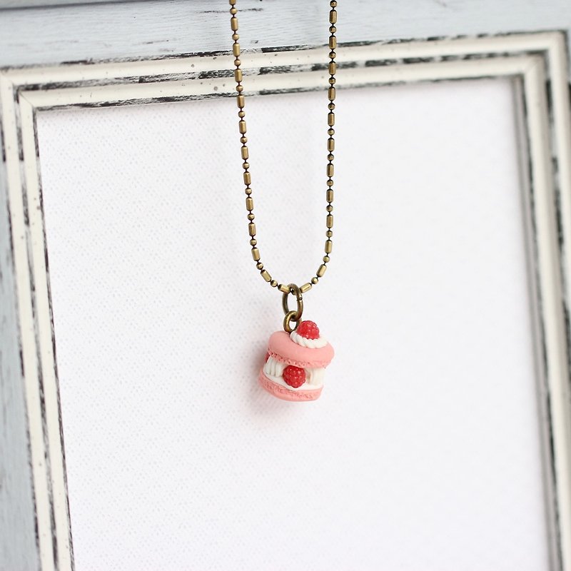 袖珍法式经典甜点 马卡龙  ispahan 项链 玫瑰 莓果 短链 - 项链 - 粘土 粉红色