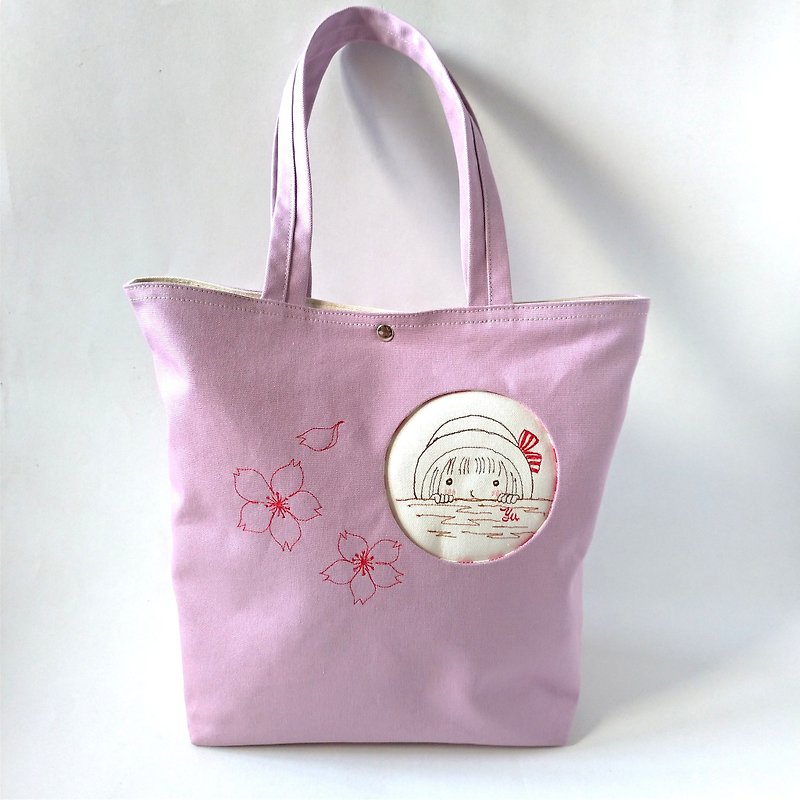 棉．麻 手提包/手提袋 粉红色 - 框内框外─女孩樱花托特包、手提包、肩背包