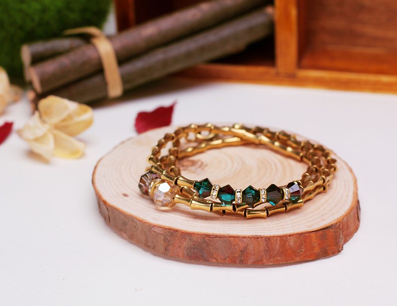 黄铜三圈手链竹节款-祖母绿水晶 - 手链/手环 - 宝石 绿色