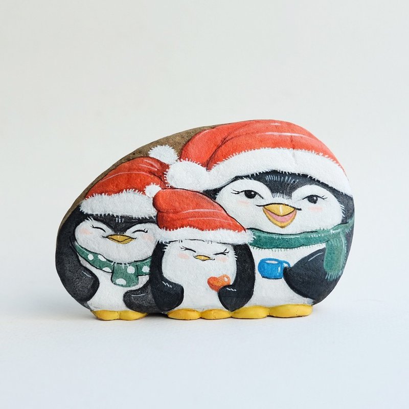 Penguin gang stone painting.Christmas Gift. - 玩偶/公仔 - 石头 红色