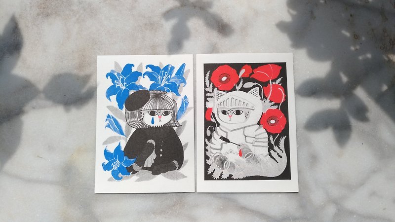 猫科拟人肖像古典花草明信片 - 卡片/明信片 - 纸 红色