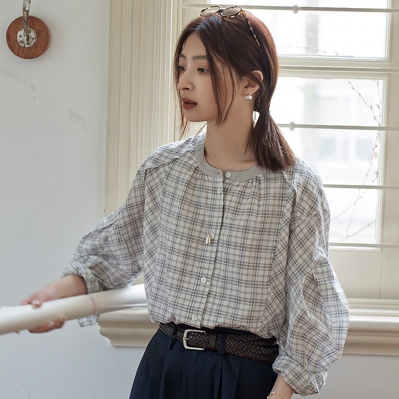 格纹灯笼袖衬衫|衬衫|春夏款|Sora-1480 - 女装衬衫 - 棉．麻 