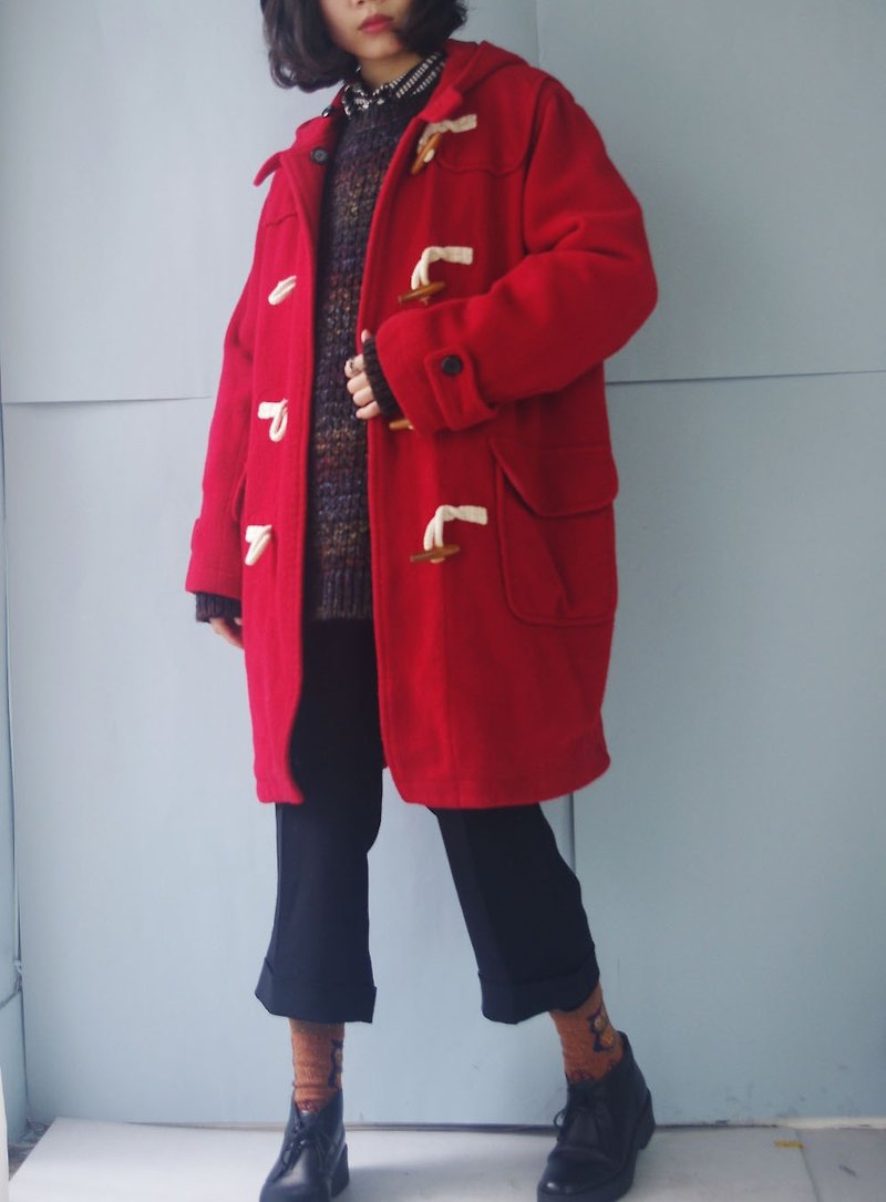 寻宝古着-学院红色牛角扣毛料大衣 - 女装休闲/机能外套 - 聚酯纤维 红色