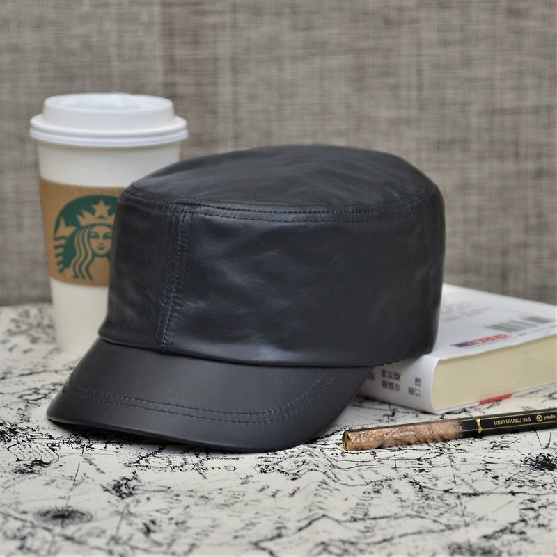 MAJORLIN 牛皮军帽 透气舒服 时尚新选择 黑色百搭 质感耐用 - 帽子 - 真皮 黑色