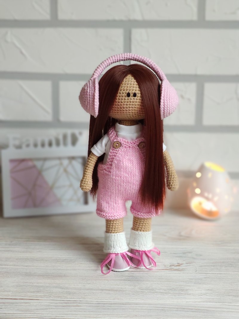 Amigurumi Crochet doll with earphones Hipster Interior doll Girl nursery decor - 玩具/玩偶 - 棉．麻 粉红色