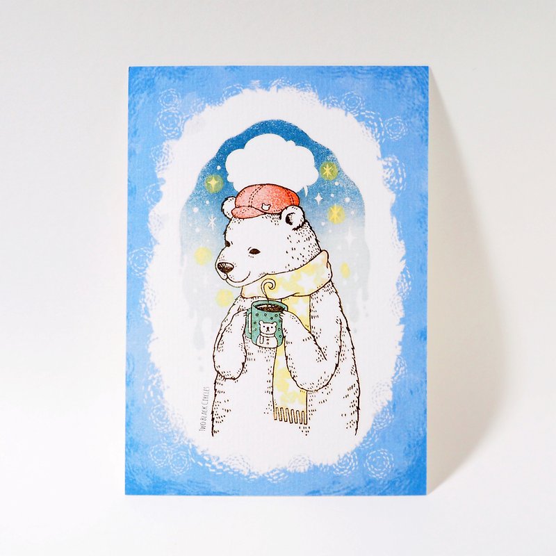喝热可可的冬季小熊/蓝色边框/印章插画明信片 - 卡片/明信片 - 纸 