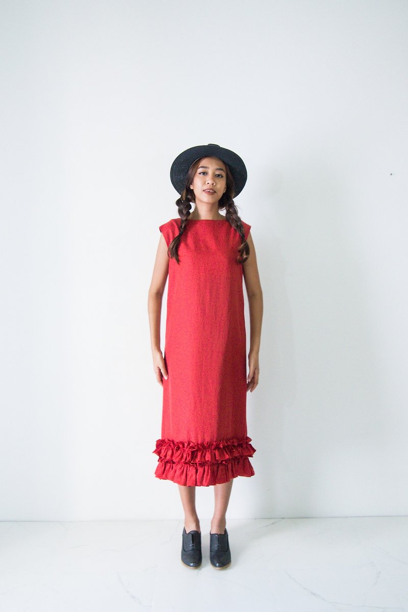 Mani Mina Boat Neck Frill Hem Dress Red - 洋装/连衣裙 - 棉．麻 