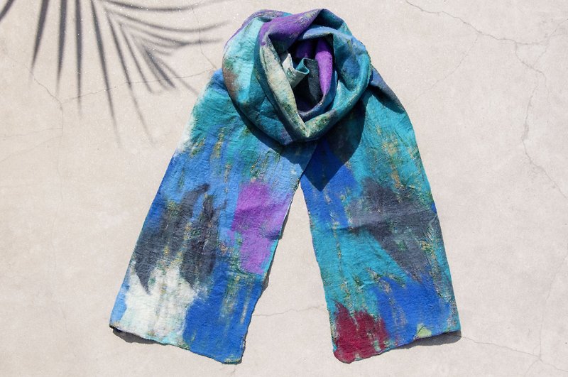 羊毛毡丝巾/湿毡丝巾/水彩艺术感围巾/羊毛渐层感丝巾-蓝紫色星辰 - 围巾/披肩 - 羊毛 多色