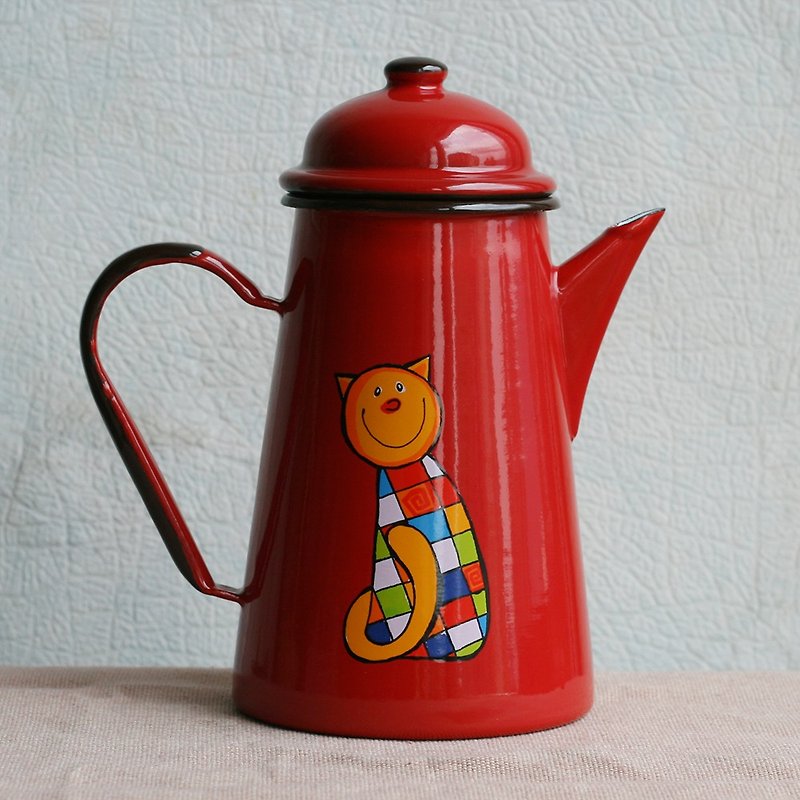 Smaltum布拉格 珐琅咖啡壶 微笑橘尾猫 茄红 (FDN000539) - 咖啡壶/周边 - 珐琅 红色