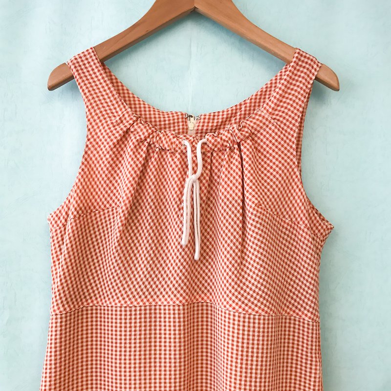 古着洋装 / 粉橙色小格纹束领口无袖洋装 - 洋装/连衣裙 - 聚酯纤维 橘色
