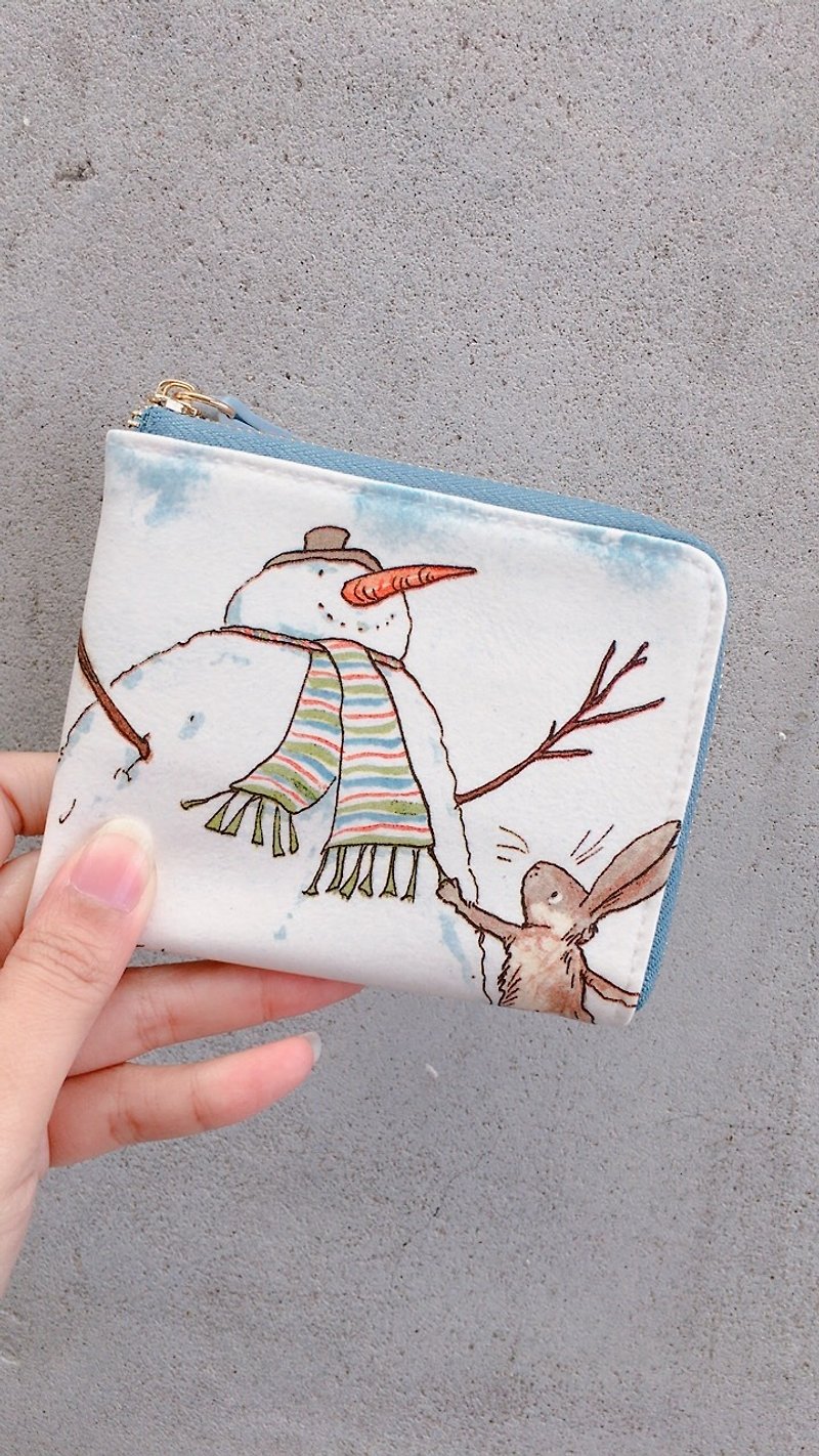 【L型短夹】雪人与兔子 L型拉链短夹 轻薄 零钱包 皮包 钱包 - 皮夹/钱包 - 防水材质 