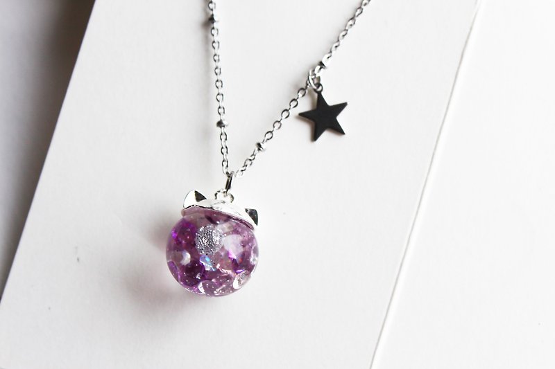 Rosy Garden 小猫咪紫色水晶流动玻璃球项链 银色链 - 颈链 - 玻璃 紫色