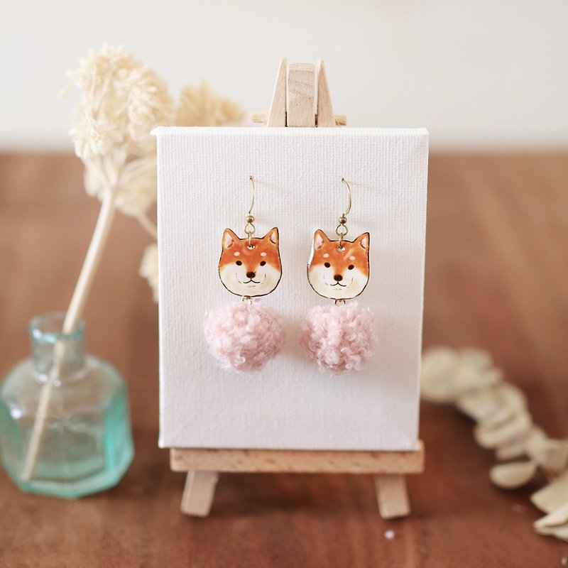 小动物毛毛球手工耳环-柴犬蜜桃 可改夹式 - 耳环/耳夹 - 树脂 橘色