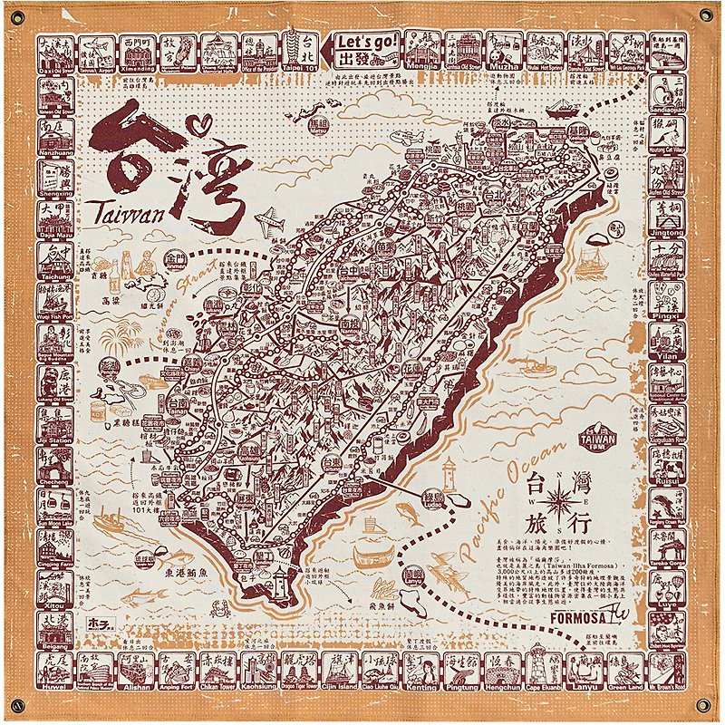 【新款】环岛旅行布地图(红) - 地图 - 棉．麻 红色