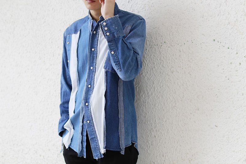 牛仔直纹patchwork 恤衫 - 男装衬衫 - 棉．麻 蓝色