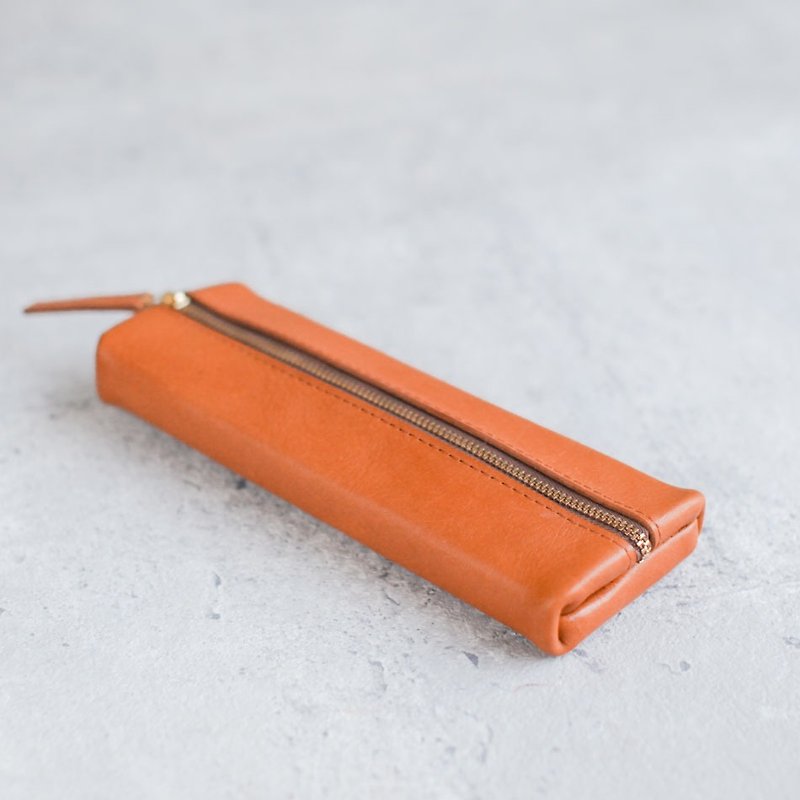 植鞣牛皮淡焦糖色扁长方形真皮笔袋 - 铅笔盒/笔袋 - 真皮 橘色