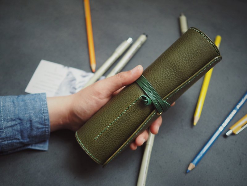 多功能笔袋绘画文具袋笔帘笔卷 纯手工牛皮 定制化刻字礼物 订制 - 铅笔盒/笔袋 - 真皮 绿色