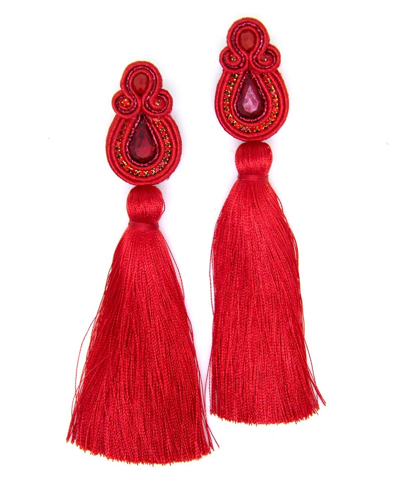 Earrings Long tassel earrings with crystals in redChristmas Gift Wrapping - 耳环/耳夹 - 其他材质 红色