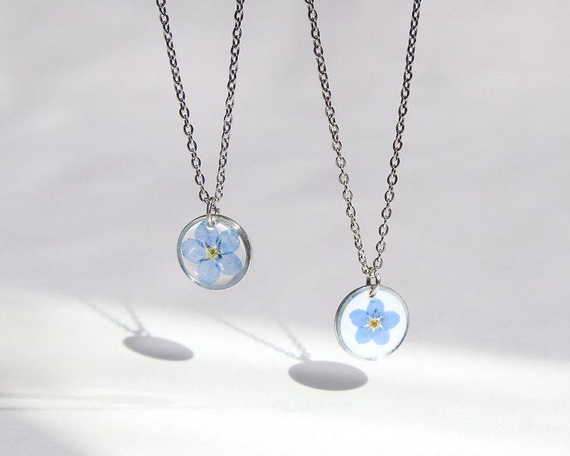 Pressed forget-me-not necklace, Real flower necklace, Flower steel necklace - 项链 - 树脂 透明