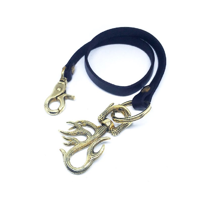 Stag horn with Black leatherWallet Chain ,Solid Raw Brass  - 钥匙链/钥匙包 - 其他金属 金色