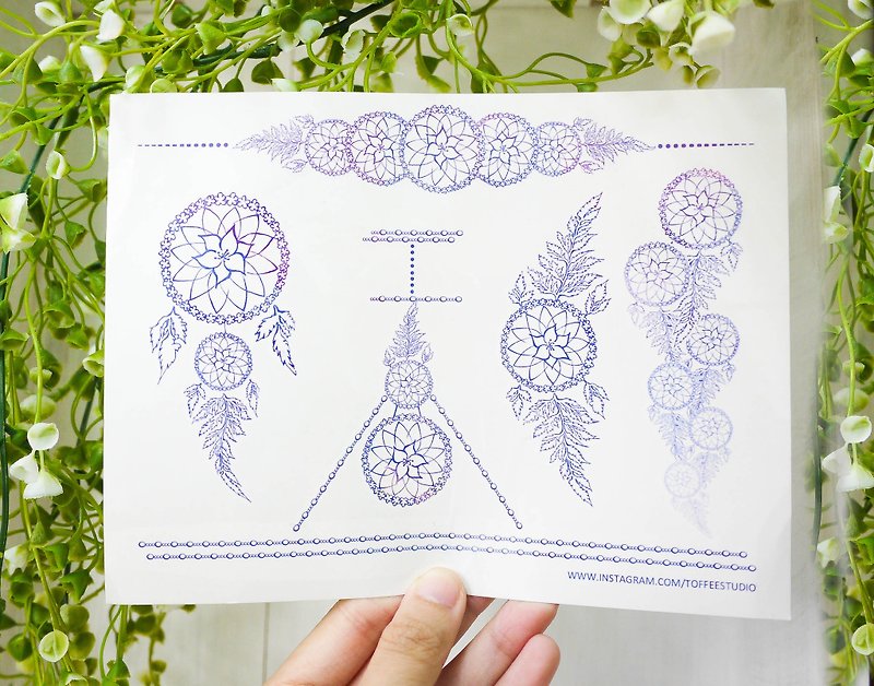 自家设计纹身贴纸 | 花卉捕梦网 - 纹身贴 - 纸 紫色