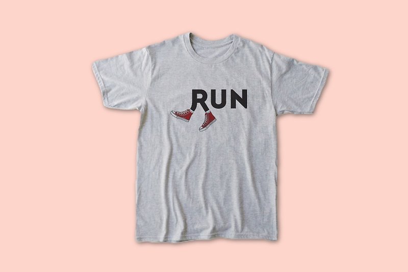 RUN-Mens/Ladies/Unisex T-shirt,Sport Grey,Athletic Tee,Gymnastic Tee,Gym Fashion - 中性连帽卫衣/T 恤 - 棉．麻 灰色