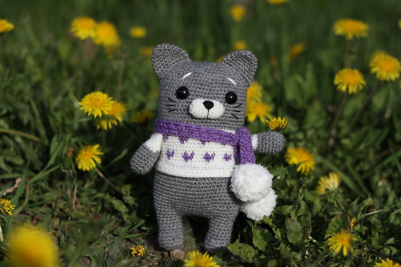 Crochet cat grey, Crochet cat Stuffed, toy knitted cat, Big soft cat - 玩具/玩偶 - 羊毛 