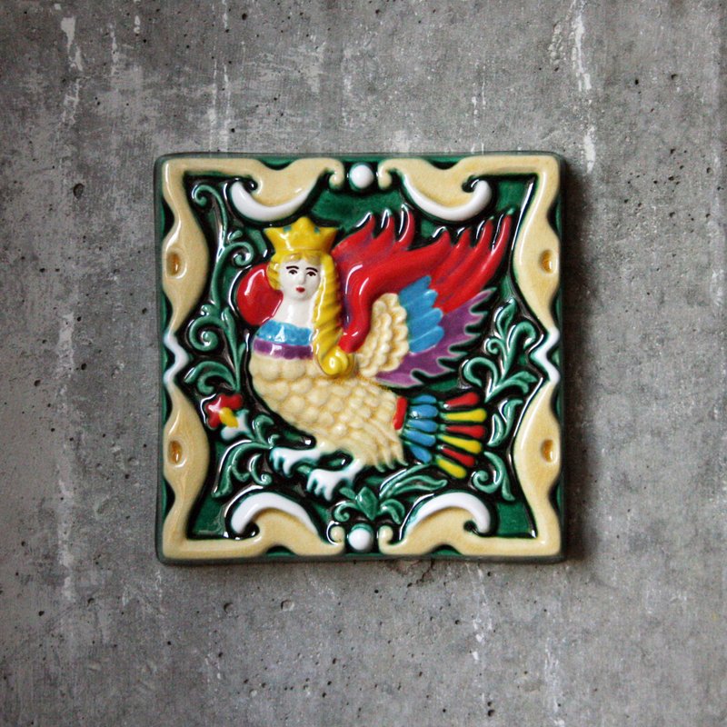 Traditional handpainted glazed tile Wall hanging decor Fantasy bird Sirin - 墙贴/壁贴 - 粘土 多色