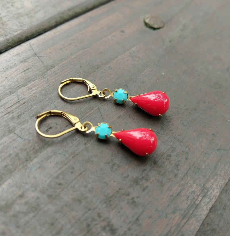 土耳其蓝/红珊瑚古董玻璃水滴型耳环 - 耳环/耳夹 - 其他金属 红色