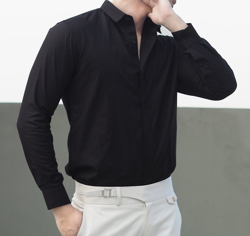 Black mini collar shirt - 男装衬衫 - 棉．麻 黑色