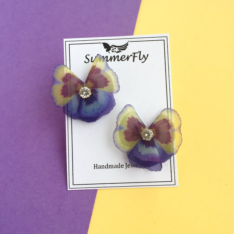 都会风 真丝三色堇水钻花朵耳环——耳夹 耳针 - 耳环/耳夹 - 其他材质 紫色